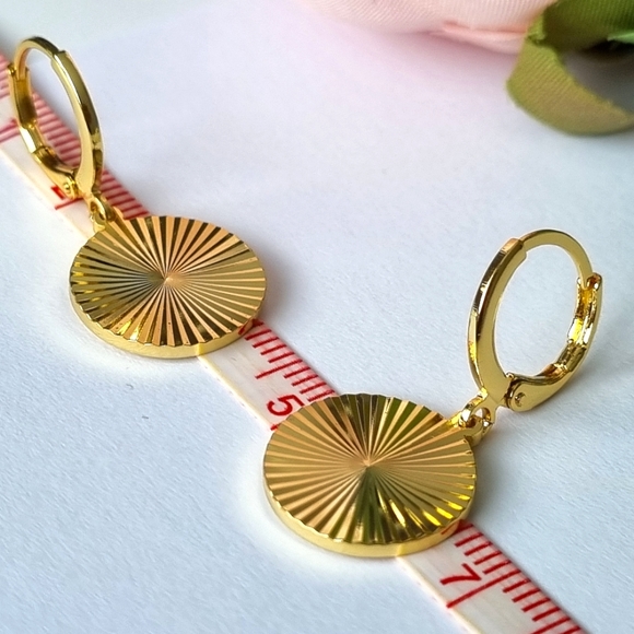 Earrings | Gold Toned | Round, Textured Sunburst | Huggies Hoop Drop Style. 💕 - Picture 6 of 16